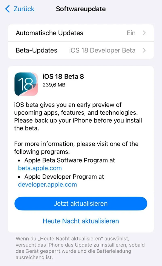 富源苹果手机维修分享苹果 iOS / iPadOS 18 开发者预览版 Beta 8 发布 